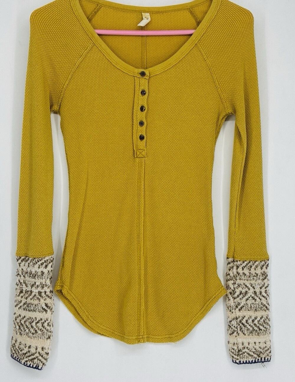 Free People S Mustard Yellow Waffle Thermal Henley Fair Isle Cuff Top
